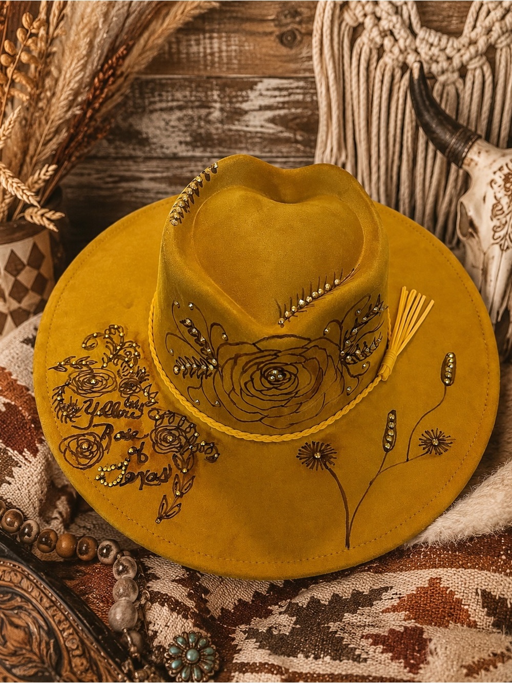 Embellished Mustard Floral Western Hat